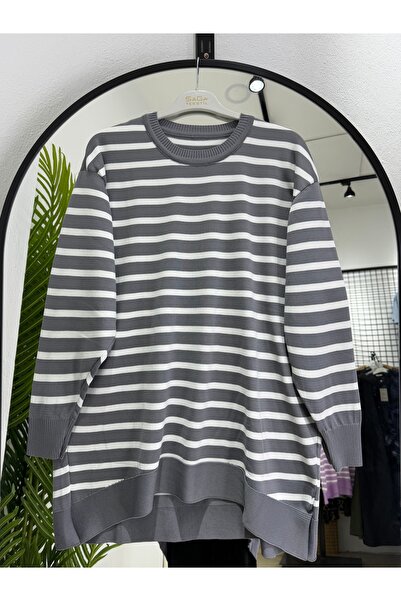 ÖZNE BUTİK Women's Striped Oversize Mercerized Fabric Crew Neck Tunic