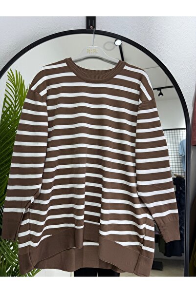 ÖZNE BUTİK Women's Striped Oversize Mercerized Fabric Crew Neck Tunic