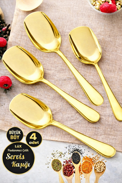 Tilbe Home 4'lü Lüx Gold Servis Kaşığı Seti Büyük Boy Paslanmaz Çelik Kaşık S...
