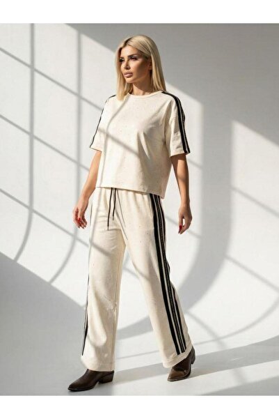 Kokoşum Butik 7492 Suit with Glitter Stripes on the Sides Yellow