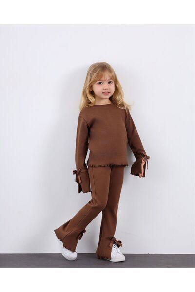 ButumiKids Girl's Bow Detailed Camisole Fabric Top and Bottom Set