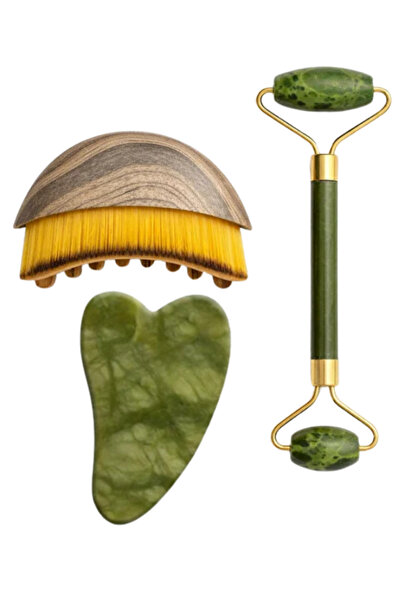 mucit home Lenf Drenaj Kuru Fırça ve Yeşim Taşı Roller 3 Lü Set Yüz, Boyun, G...