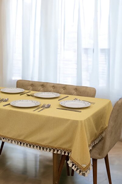 Onerose Home Yellow Cotton Linen Brown Stripe Pompom Tablecloth