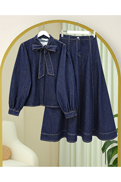 Modamorfo Jeans Suit with Tie Collar and Zippered Skirt -K.Laci