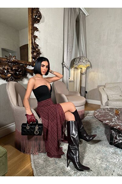 Mouillé Ekose Etek Yırtmaçlı Asimetrik Kesim Ekose Etek