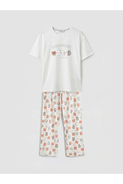 LC Waikiki Σετ γυναικείες πιτζάμες με στάμπα σε χρώμα εκρού (S6)