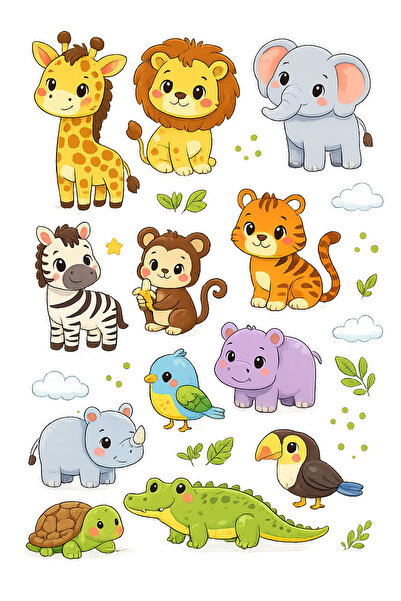SemiramiS Rozet Safari Hayvanları Çocuk Odası Duvar Sticker Seti | 12 Adet Bü...