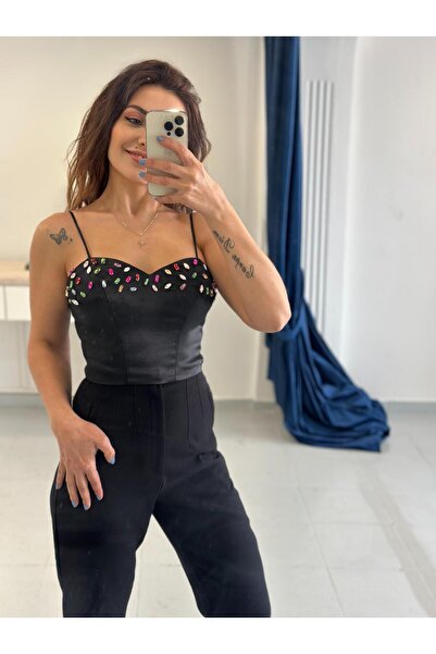 Derya Akyol Saten ip Askılı Renkli Taş işlemeli Sırt Detaylı Siyah Büstiyer