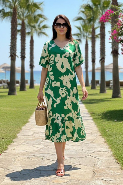 AYASOFYA OTANTIK Women's V-Neck Patterned Half Sleeve Dress with Pockets