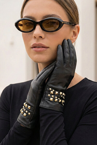 Kapin Staple Detailed Faux Leather Women's Gloves - Black
