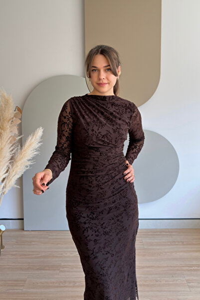 Aventien Elegant Midi Brown Tulle Dress with Draped Slits and Floral Pattern