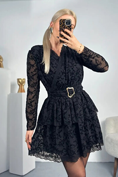Perry Boutique Kadın Siyah Flok Baskılı Dantel Detay Kemerli Elbise