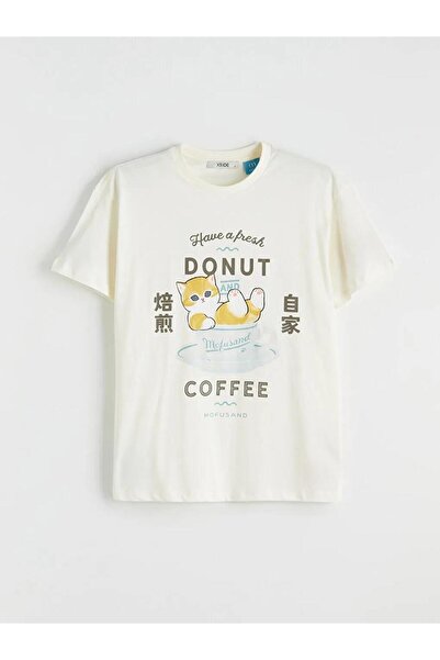 LC Waikiki تي شيرت نسائي مطبوع برقبة دائرية باللون البيج (S6)