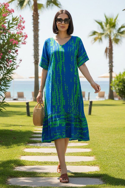 AYASOFYA OTANTIK Women's V-Neck Patterned Half Sleeve Dress with Pockets