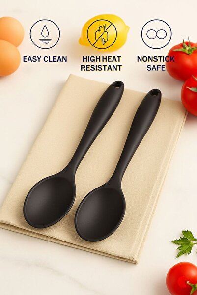 TARIK HOME 2-Piece Silicone Spoon Set, 20cm Short Deep Serving Spoon, Hard Ti...