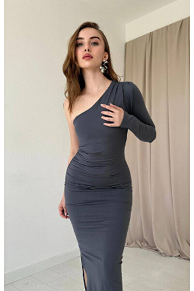 LÜKSERA Tek Omuz Detaylı Modal Elbise Gri
