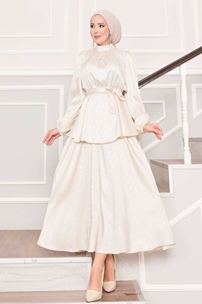 EBRUTESETTÜR طقم حجاب جاكار منقوش برباط عند الخصر بلون كريمي