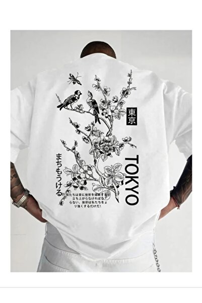 ORVIO Group Tokyo Printed Oversize Men's T-Shirt - Japanese Patterned Back Pr...