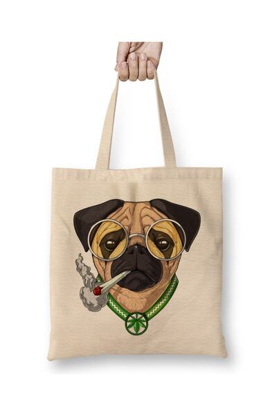 Toyaso Pug Smoking Weed Dog Geantă de cumpărături din pânză albă cu mâner lun...
