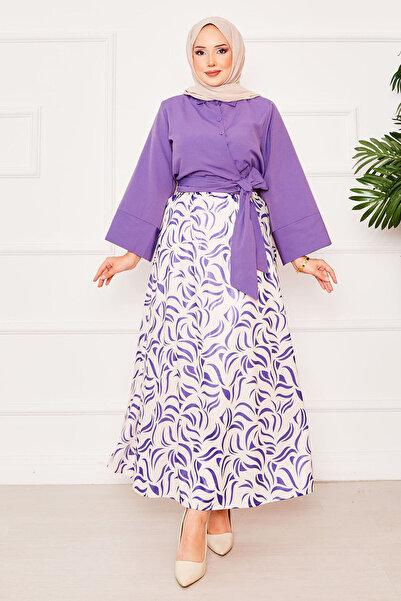 EBRUTESETTÜR Shirt with Self-Tied Belt and Wide-Sleeve Skirt Set in Lilac
