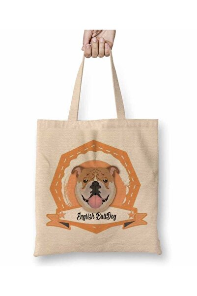 Toyaso Λευκή υφασμάτινη τσάντα για ψώνια British Bulldog Dog με μακριά λαβή, ...