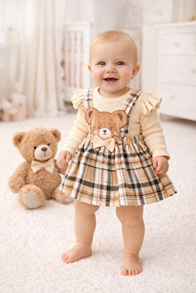 İZYALİF BABY Baby Girl 2-Piece Salopet Set with Skirt, Long Sleeve, Teddy Bea...