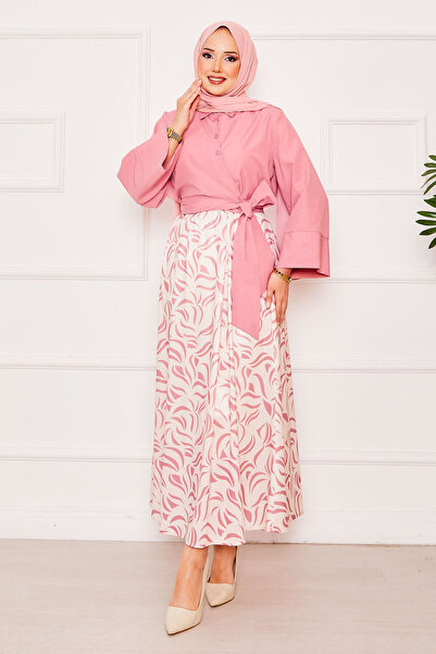 EBRUTESETTÜR Shirt with Self-Belted Wide-Sleeve Skirt Set Powder