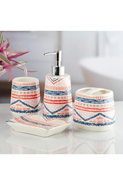 Generic Colored Geometric Pattern Ceramic Bathroom Accessories Set – 4 Pieces
