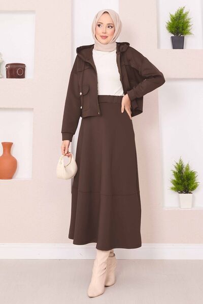 EBRUTESETTÜR Zippered Hooded Crop Skirt Hijab Set Brown
