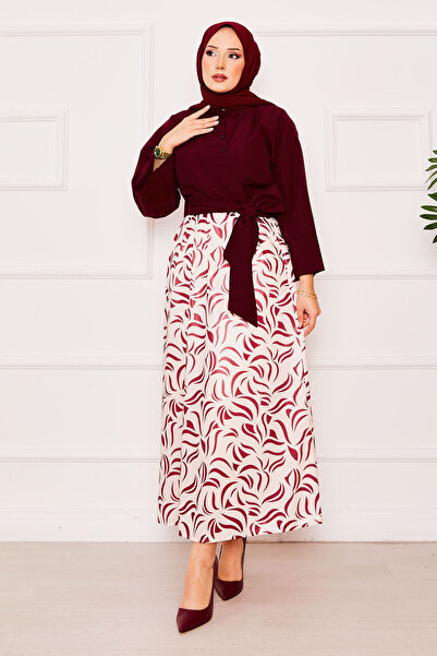 EBRUTESETTÜR Self-Belted Shirt with Wide-Sleeved Skirt Set in Burgundy