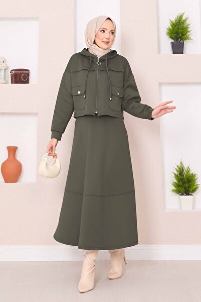 EBRUTESETTÜR Zippered Hooded Crop Skirt Hijab Set Khaki