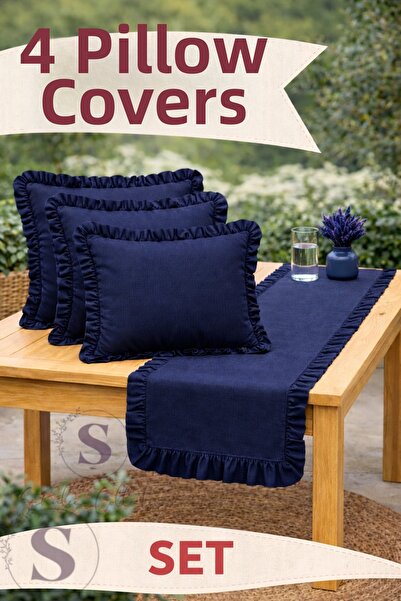 shules collection Dark Blue Buldan Linen Throw Pillow and Runner Set – Handwoven