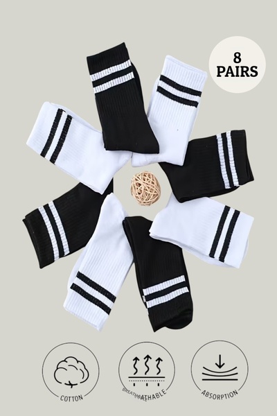 Esinti 8 чифта унисекс колежански чорапи – памук, черно-бели райета
