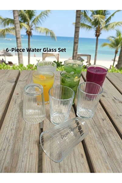 ÇEÇEN HOME Line Patterned 6-Piece Glass Water Cup, Soft Drink Cup 200Cc
