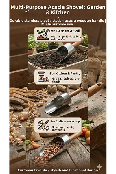 LOVYCO Stainless Steel Ice Scoop with Acacia Wood Handle - Luxurious Metal Ic...