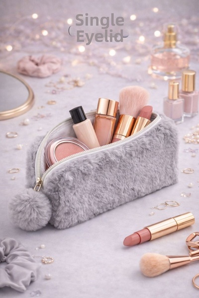 Bambus حقيبة سفر ومكياج من القماش المخملي بقسم واحد وسحاب متعدد الأغراض