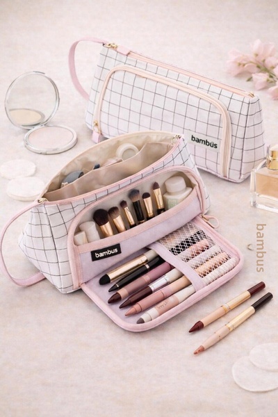 Bambus Триъгълен многоотделен органайзер за грим с голям капацитет, текстилен...