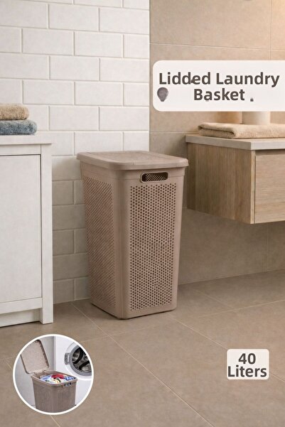 Funny Life Καλάθι βρώμικων ρούχων 40 λίτρων - Με καπάκι - Διάτρητο - Λεπτό κα...