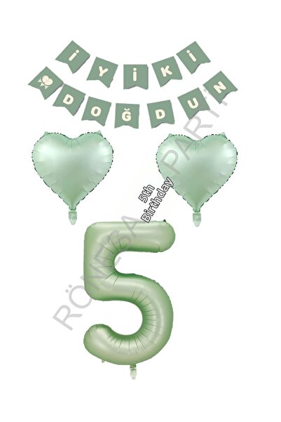 RÖNESANS PARTİ Rönesans Green Color Number Heart Banner Birthday Set Age-5