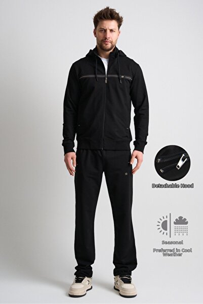 Shooter Sportswear طقم بدلة رياضية كلاسيكية سوداء للرجال مع هودي قابل للإزالة...