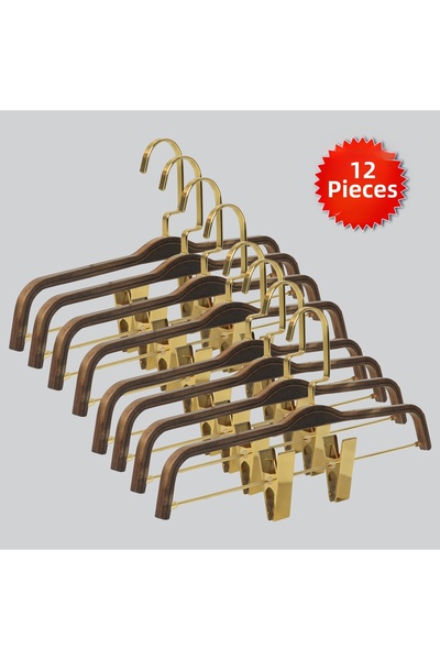 NYN Wooden 8178 (Gold Hooked Lama) Latched Skirt and Trouser Hangers 12 Pieces