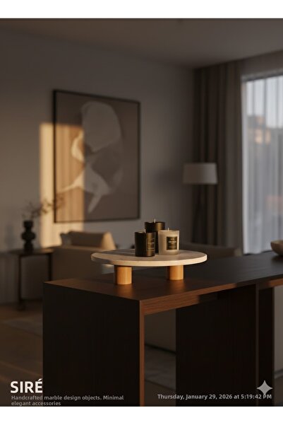 SIRÉ Studio حامل عرض رخامي دائري بأرجل خشبية 30 سم - مجموعة SIRÉ Soft Stone