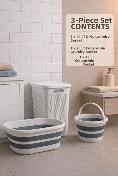 Funny Life Σετ 3 τεμαχίων - Καλάθι βρώμικων ρούχων 40 LT, Πτυσσόμενο καλάθι ρ...