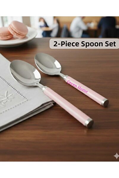 ÇEÇEN HOME 2-Piece Pink Handle Spoon Set, Steel Tablespoon Set (Light Pink)