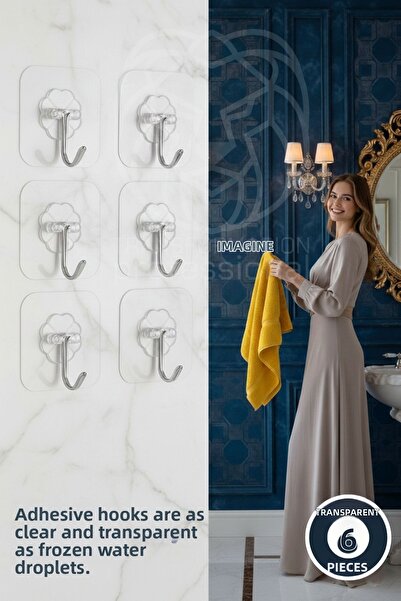 Transformacion Set de 6 cârlige adezive transparente, cârlige de perete pentr...