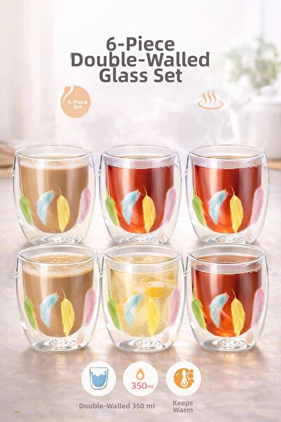 Berdina Home 6 قطع من أكواب الزجاج المزدوجة الجدارية سعة 350 مل، أكواب للقهوة...