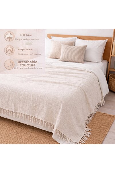 CESSTORE 100% Cotton 4 Layer Muslin Single Pique, 4 Season Bedspread & Sofa T...