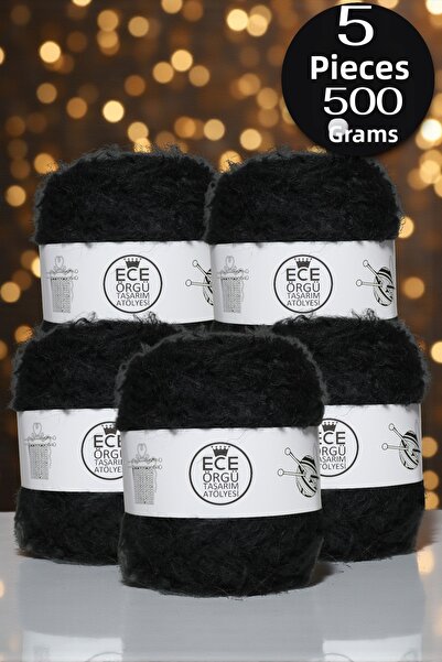 Ece Örgü Tasarım Atölyesi Onyx, fir de tricotat moher negru, pufos (500 gr.)