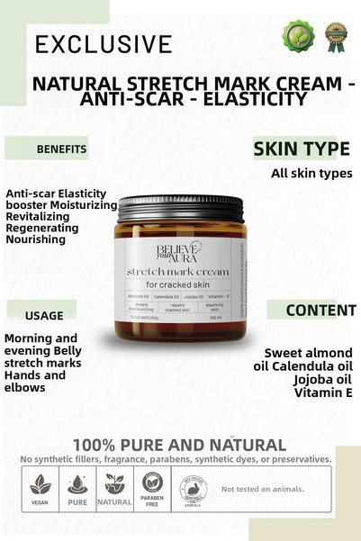 Believe Your Aura Anti-Stretch Mark Body Cream - Moisturizing, Elasticity-Providing, Nourishing Maternity Stretch Mark Cream - 100 ml