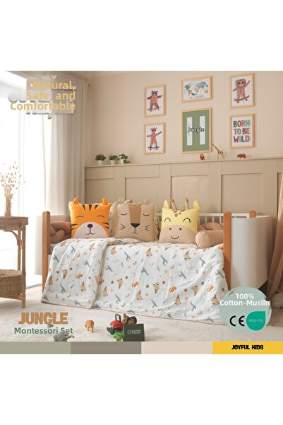 JOYFUL KIDS طقم نوم من قطن الموسلين بنسبة 100% بطابع سفاري الغابة - وسائد الن...